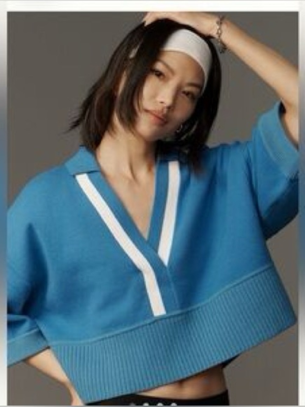 Anthropologie Maeve Cropped V-Neck Blue Women's Top with White Trim